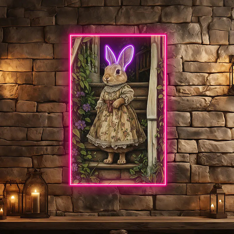 Toysign Vintage Style Rabbit Wall Art Neon Light, Cute Animal Poster for Kids Room Decor, Floral Dress Design, Perfect Gift