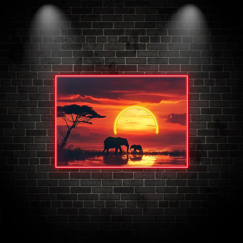Toysign Elephant Sunset Neon Wall Art – Radiant Wall Decor with African Wildlife, Perfect for Living Room or Office Ambiance