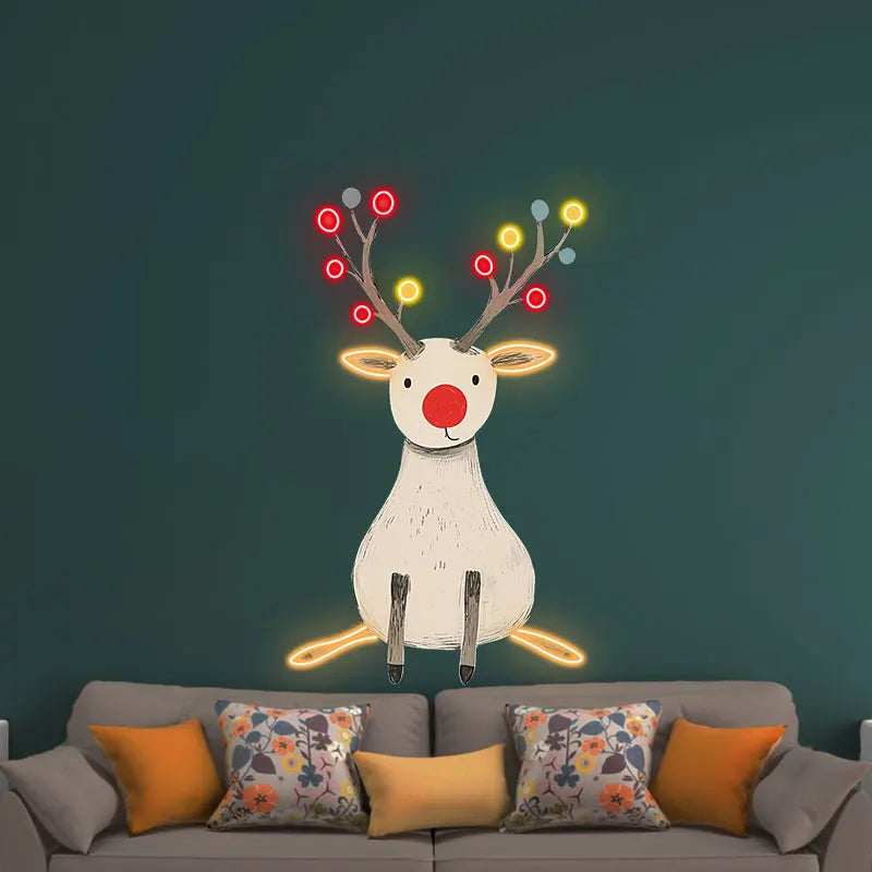 Cute Reindeer Neon Holiday UV Print – Minimalist Reindeer with Glowing Antlers, Perfect for Christmas Decor or Children's Room