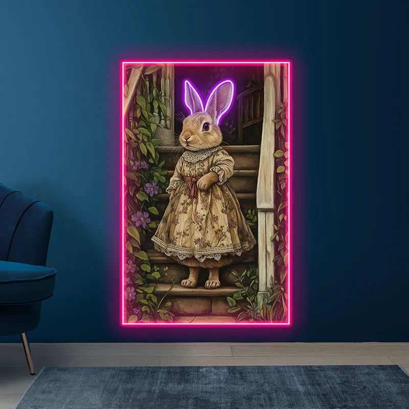 Toysign Vintage Style Rabbit Wall Art Neon Light, Cute Animal Poster for Kids Room Decor, Floral Dress Design, Perfect Gift