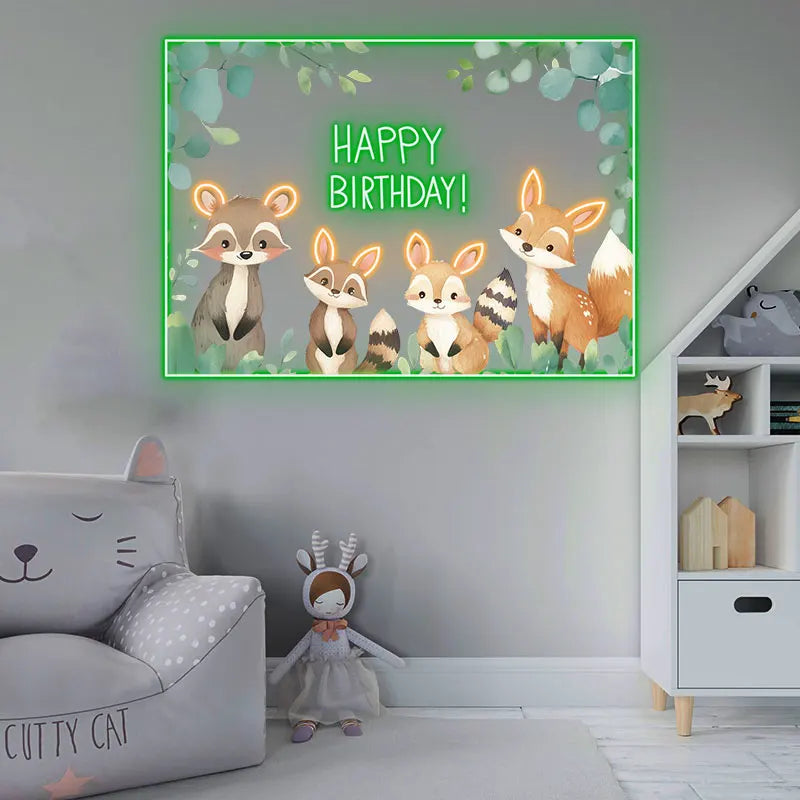 Cute Animal Birthday Neon Sign, Kids Birthday Party Wall Decor Light, Custom Led Light Sign, Birthday Gift for Kids, Room Decor