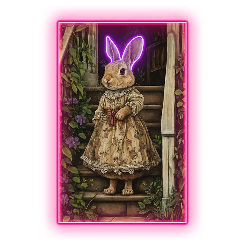 Toysign Vintage Style Rabbit Wall Art Neon Light, Cute Animal Poster for Kids Room Decor, Floral Dress Design, Perfect Gift