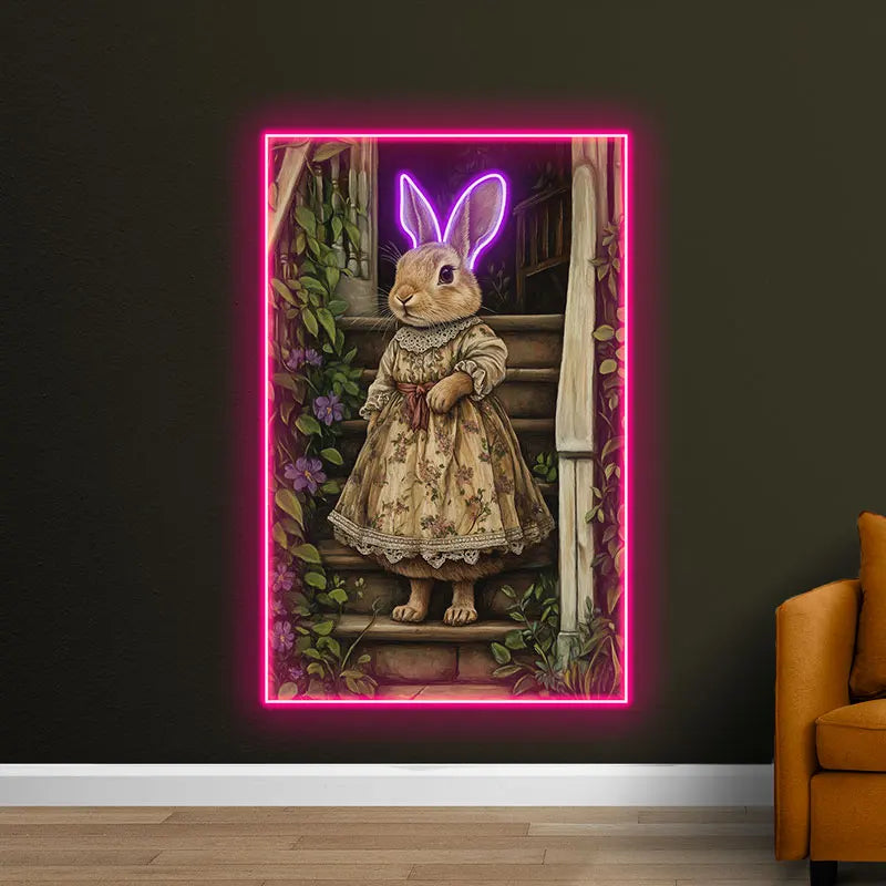 Toysign Vintage Style Rabbit Wall Art Neon Light, Cute Animal Poster for Kids Room Decor, Floral Dress Design, Perfect Gift