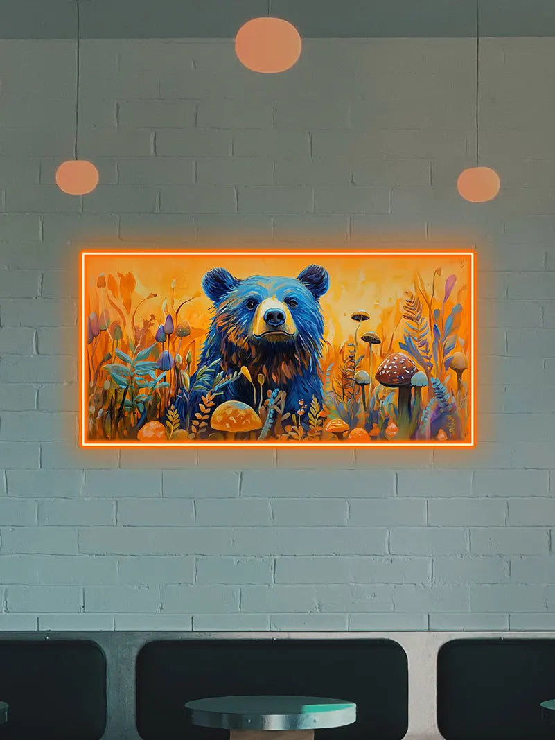 Toysign Colorful Bear Neon Wall Art – Vibrant Forest LED Sign with Mushroom Scene, Whimsical Animal Decor for Kids Room, Nursery
