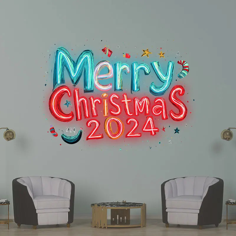 Merry Christmas 2024 Blue And Red Text Neon Sign, Creative Wall Hanging Neon Light, Christmas Decor Light