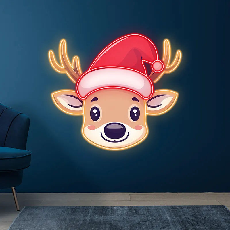 Reindeer Neon Sign Christmas Print Art – Cute Reindeer with Bell and Santa Hat, Festive Wall Art for Kids Room or Holiday Decor