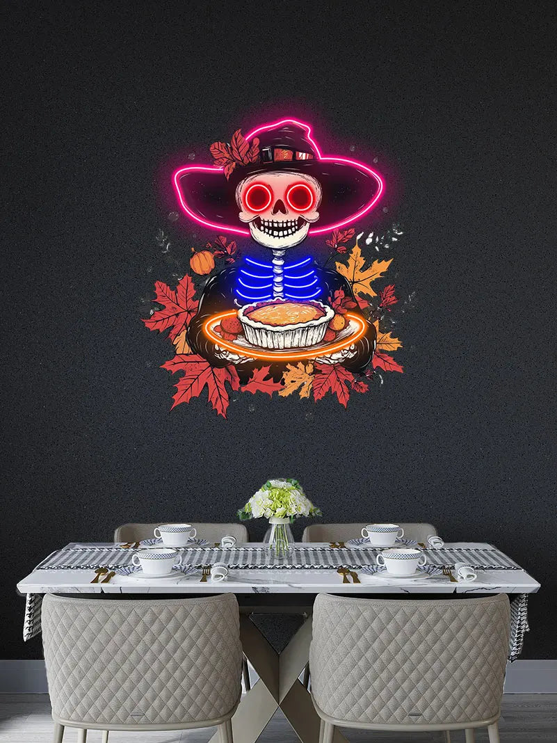Neon Skeleton with Pie Thanksgiving Decor, Playful Skeleton Holding Pie, Unique Holiday Art Neon for Seasonal & Halloween Decor