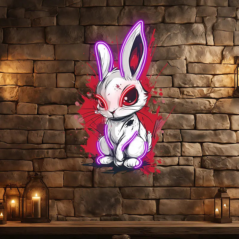 Toysign Edgy Neon Bunny Wall Art – Graffiti-Style LED Sign with Intense Eyes, Urban Cartoon Decor for Game Room, Bar & Studio