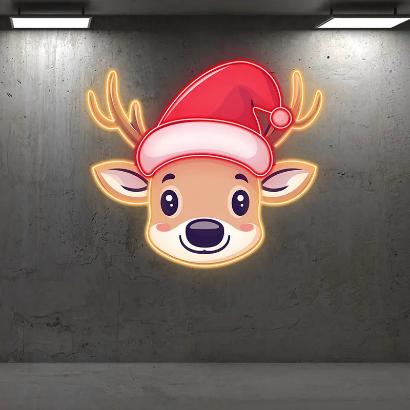 Reindeer Neon Sign Christmas Print Art – Cute Reindeer with Bell and Santa Hat, Festive Wall Art for Kids Room or Holiday Decor