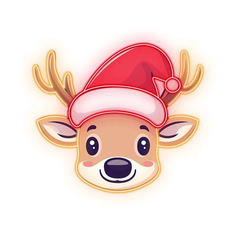 Reindeer Neon Sign Christmas Print Art – Cute Reindeer with Bell and Santa Hat, Festive Wall Art for Kids Room or Holiday Decor