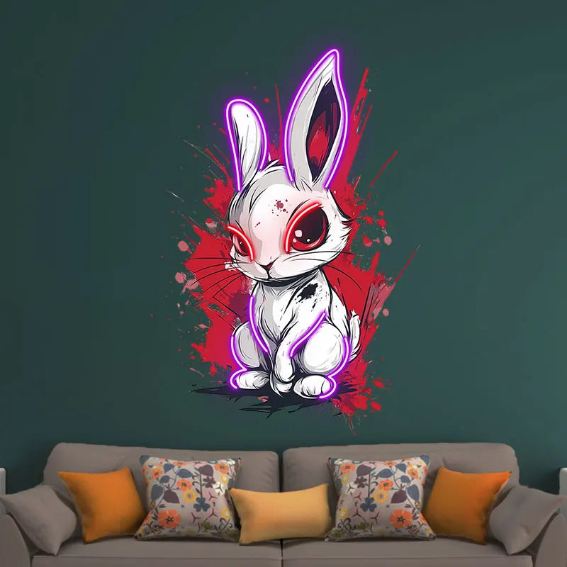Toysign Edgy Neon Bunny Wall Art – Graffiti-Style LED Sign with Intense Eyes, Urban Cartoon Decor for Game Room, Bar & Studio
