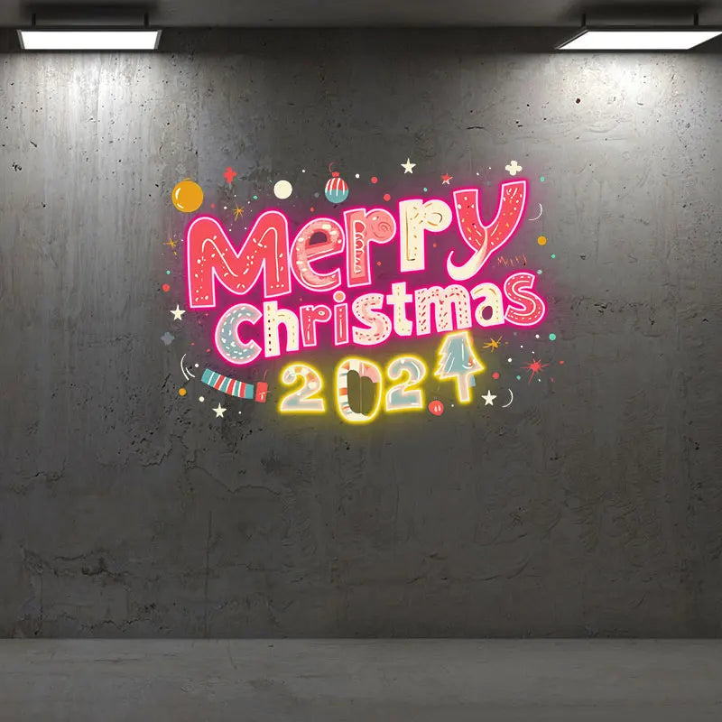 Merry Christmas 2024 Text Neon Sign, Creative Wall Hanging Neon Light, Charming Christmas Decor Light