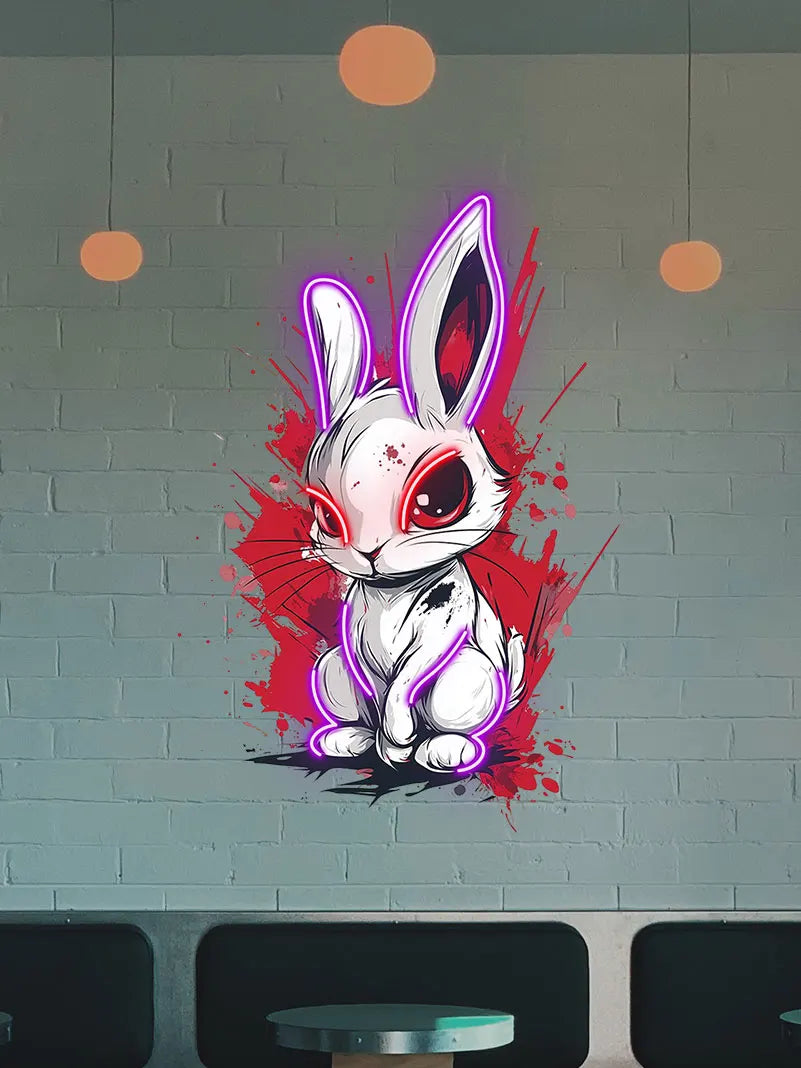 Toysign Edgy Neon Bunny Wall Art – Graffiti-Style LED Sign with Intense Eyes, Urban Cartoon Decor for Game Room, Bar & Studio