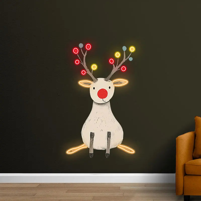 Cute Reindeer Neon Holiday UV Print – Minimalist Reindeer with Glowing Antlers, Perfect for Christmas Decor or Children's Room