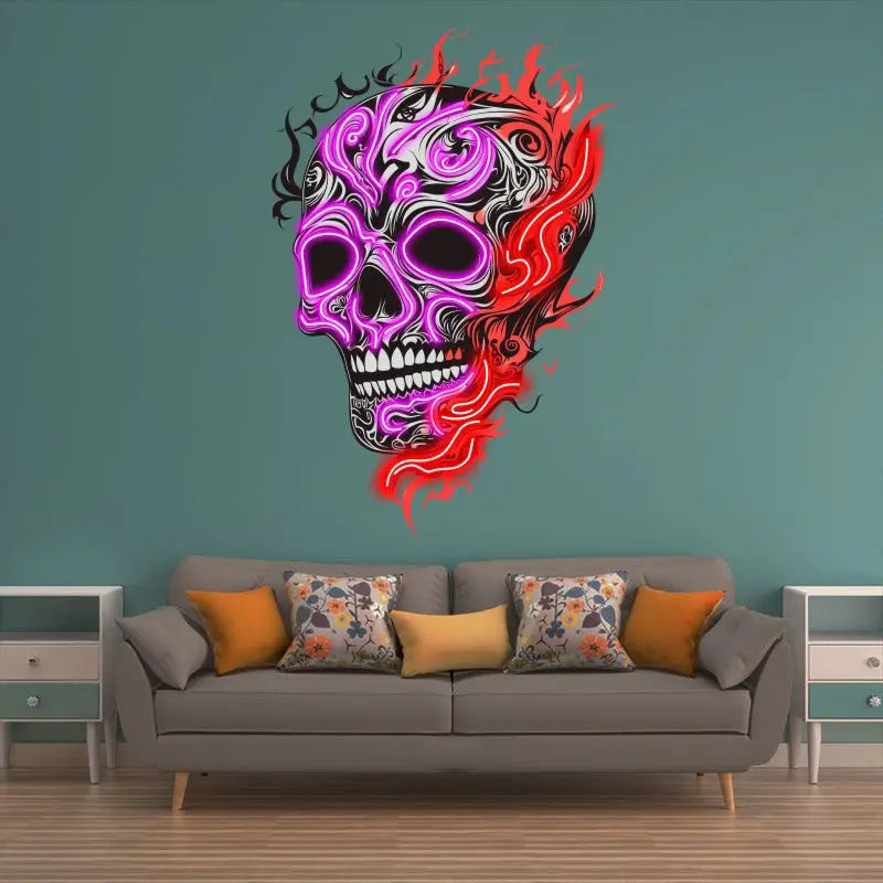 Skull With Weird Fire Neon Sign, Creative Wall Hanging Neon Light, Whimsical Halloween Decor