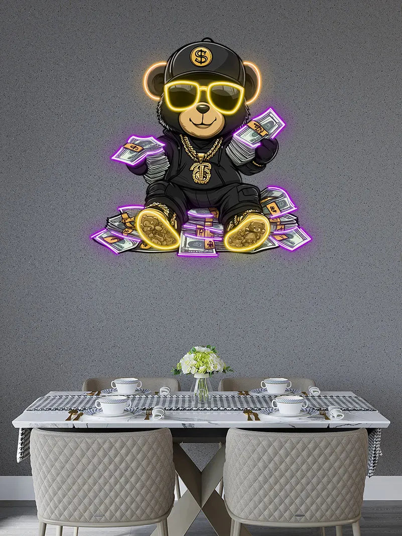 Rich Bear Sitting On The Pile Of Money Neon Sign, Creative Wall Hanging Neon Light, Whimsical Decor Light