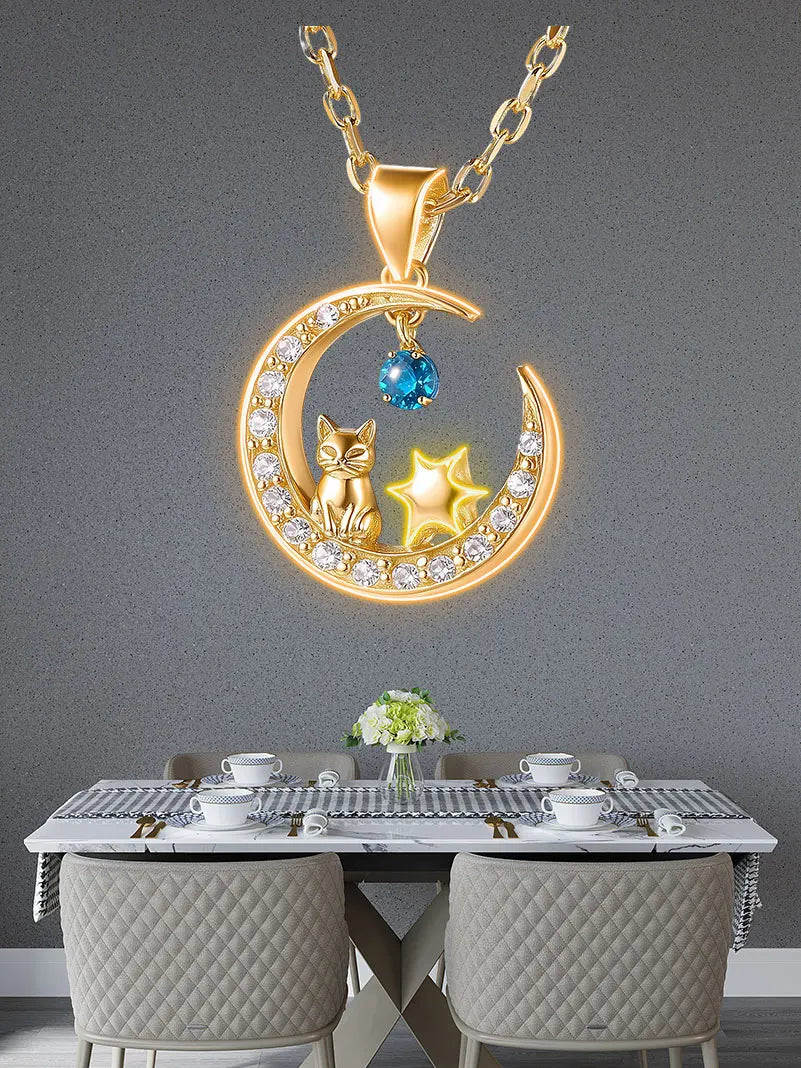Charming Cat Star Moon Diamond Necklace Neon Sign, Creative Wall Hanging Neon Light, Perfect Decor Light