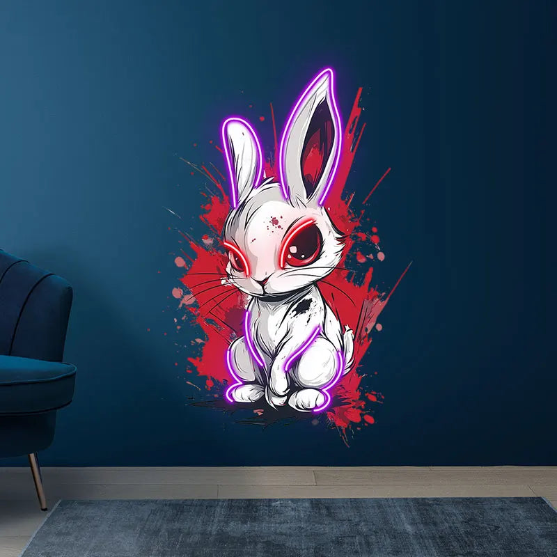 Toysign Edgy Neon Bunny Wall Art – Graffiti-Style LED Sign with Intense Eyes, Urban Cartoon Decor for Game Room, Bar & Studio