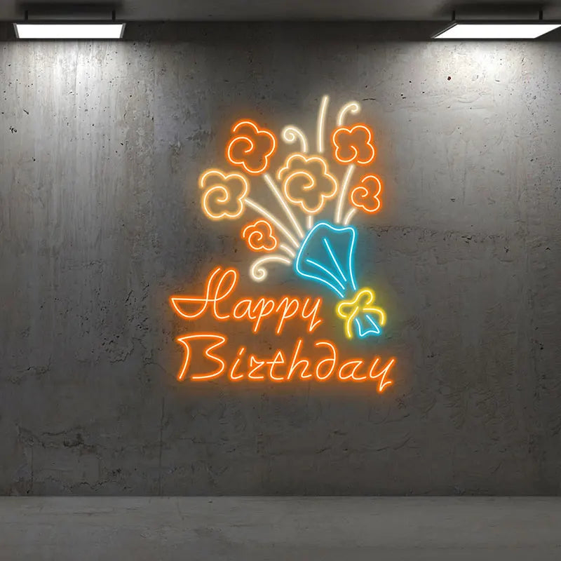 Neon Flower Bouquet "Happy Birthday" LED Sign, Celebrate in Style with Unique Neon Party Decor, Creative Gift for Birthday Party