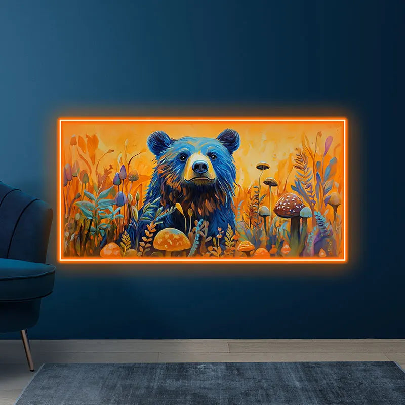 Toysign Colorful Bear Neon Wall Art – Vibrant Forest LED Sign with Mushroom Scene, Whimsical Animal Decor for Kids Room, Nursery