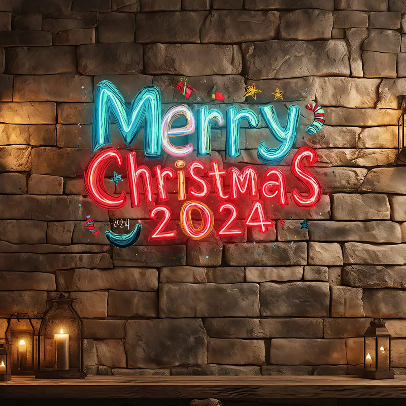 Merry Christmas 2024 Blue And Red Text Neon Sign, Creative Wall Hanging Neon Light, Christmas Decor Light