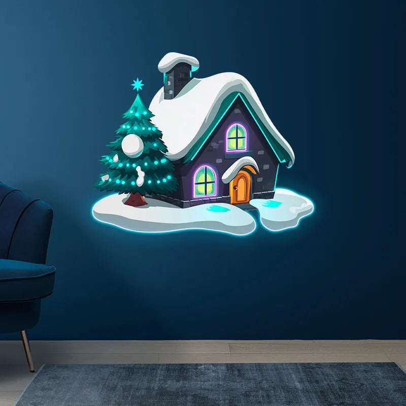 Christmas Cottage Snow Christmas Tree Neon Sign, Creative Wall Hanging Neon Light, Perfect Christmas Decor Light