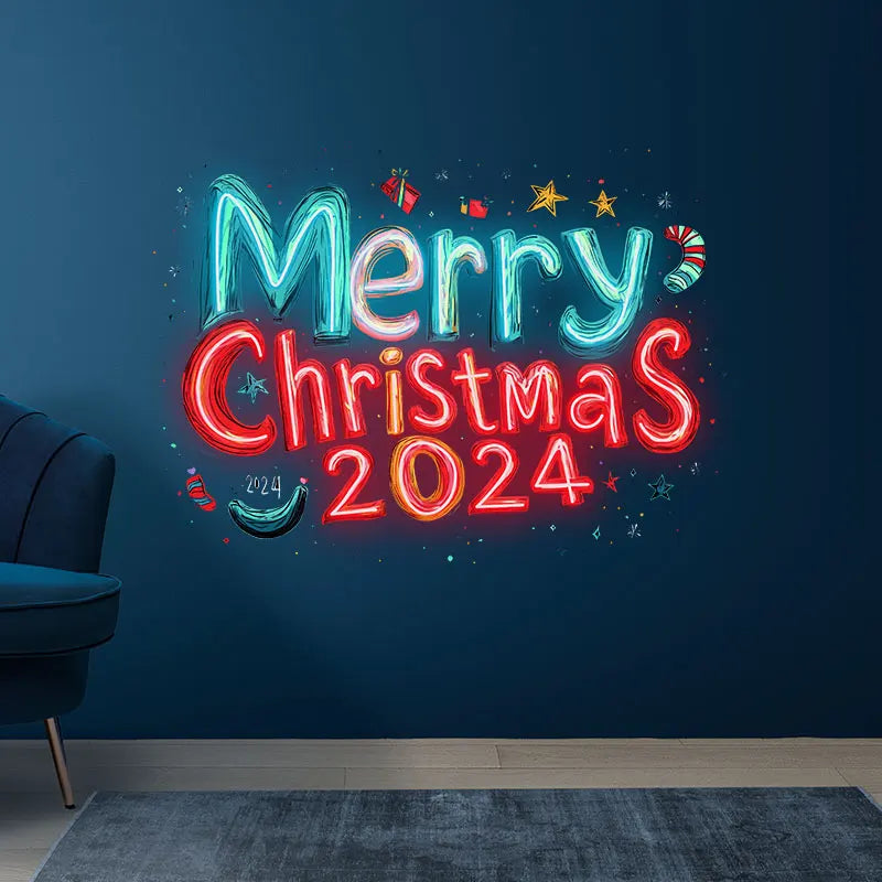 Merry Christmas 2024 Blue And Red Text Neon Sign, Creative Wall Hanging Neon Light, Christmas Decor Light