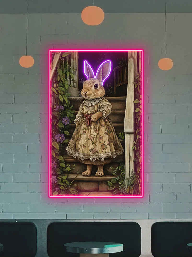 Toysign Vintage Style Rabbit Wall Art Neon Light, Cute Animal Poster for Kids Room Decor, Floral Dress Design, Perfect Gift