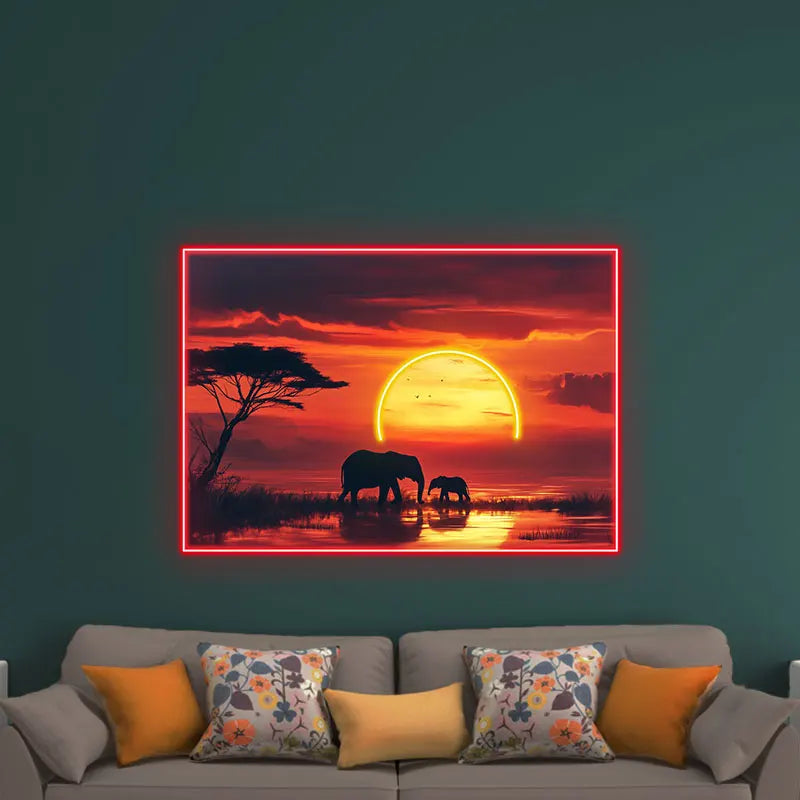 Toysign Elephant Sunset Neon Wall Art – Radiant Wall Decor with African Wildlife, Perfect for Living Room or Office Ambiance
