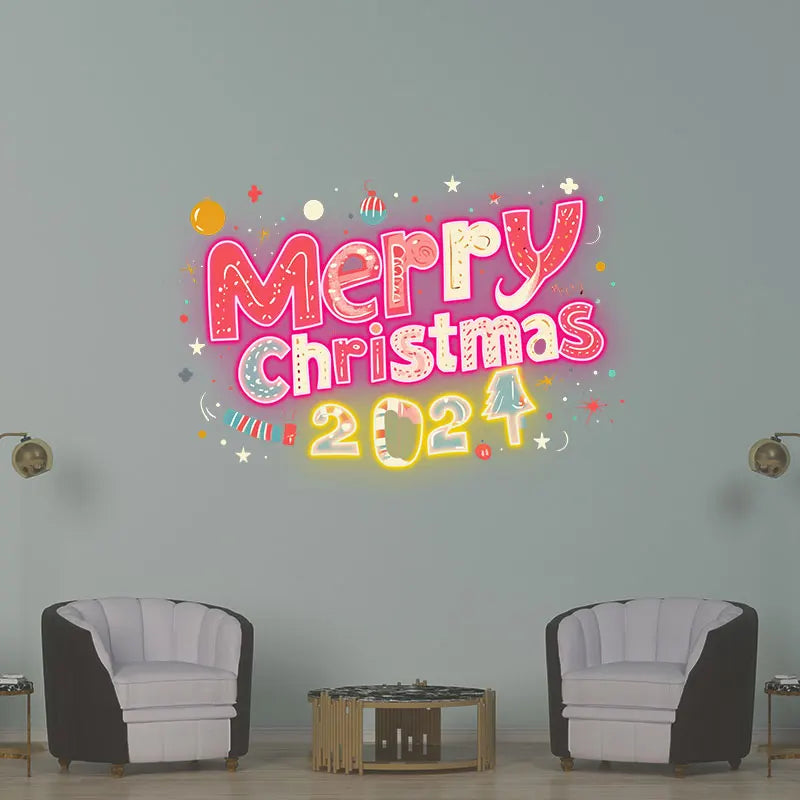 Merry Christmas 2024 Text Neon Sign, Creative Wall Hanging Neon Light, Charming Christmas Decor Light