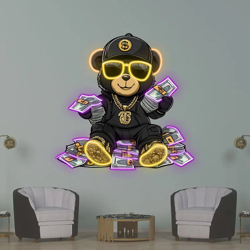 Rich Bear Sitting On The Pile Of Money Neon Sign, Creative Wall Hanging Neon Light, Whimsical Decor Light