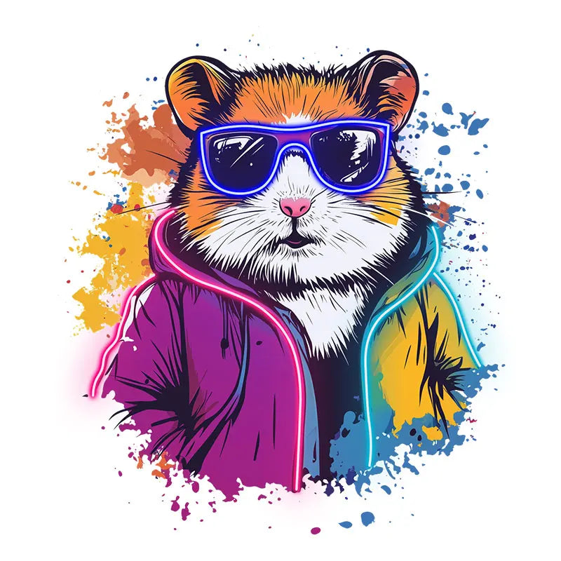 Cool Neon Hamster Art Poster, Funky Hamster with Sunglasses & Neon Jacket, Trendy Animal Wall Decor Light for Kids Room & Lounge