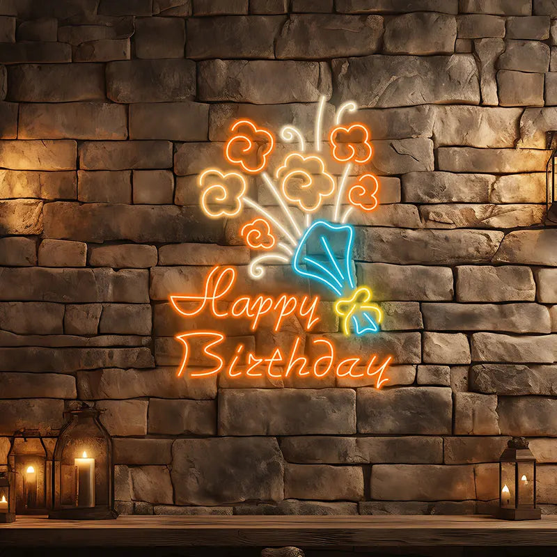 Neon Flower Bouquet "Happy Birthday" LED Sign, Celebrate in Style with Unique Neon Party Decor, Creative Gift for Birthday Party