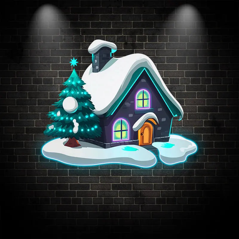Christmas Cottage Snow Christmas Tree Neon Sign, Creative Wall Hanging Neon Light, Perfect Christmas Decor Light