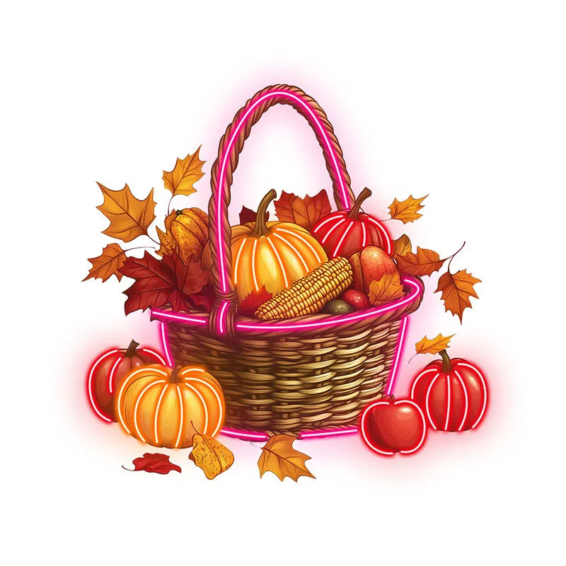 Autumn Harvest Basket Thanksgiving Neon Light – Rustic LED Thanksgiving Decor with Pumpkins, Corn and Apples, Autumn Home decor