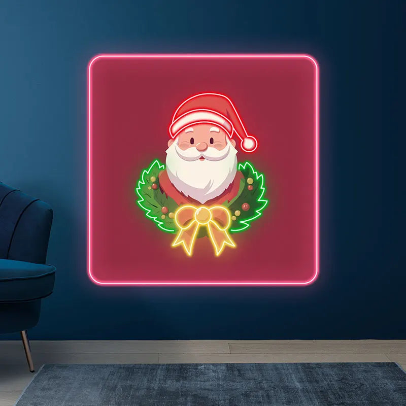 Santa Claus Neon Wreath Poster – Glowing Santa with Neon Wreath Design, Perfect for Festive Home or Office Christmas Decorations