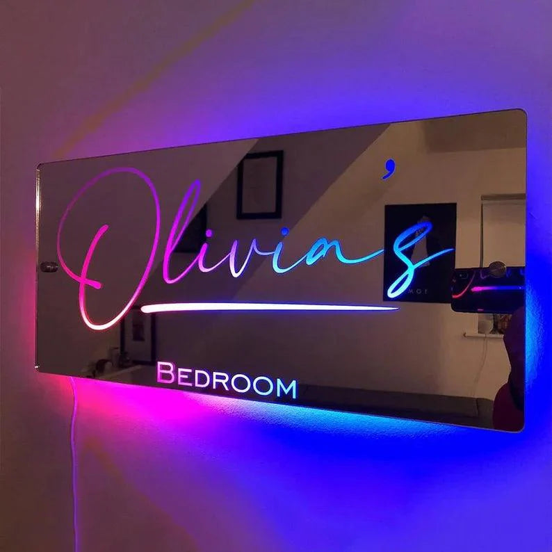 Acrylic Luminous Mirror Light Up Name Mirrors 12 Color LED Name Illuminated Mirror Wall Decor Personalized Wedding Seal Decorate