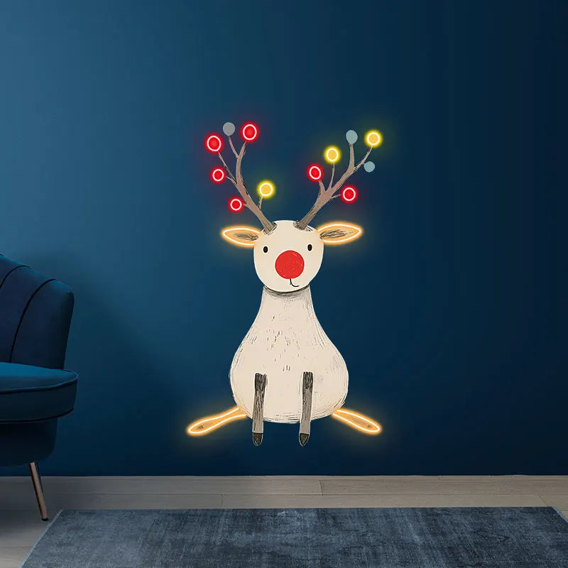 Cute Reindeer Neon Holiday UV Print – Minimalist Reindeer with Glowing Antlers, Perfect for Christmas Decor or Children's Room