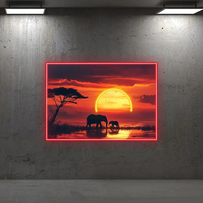 Toysign Elephant Sunset Neon Wall Art – Radiant Wall Decor with African Wildlife, Perfect for Living Room or Office Ambiance