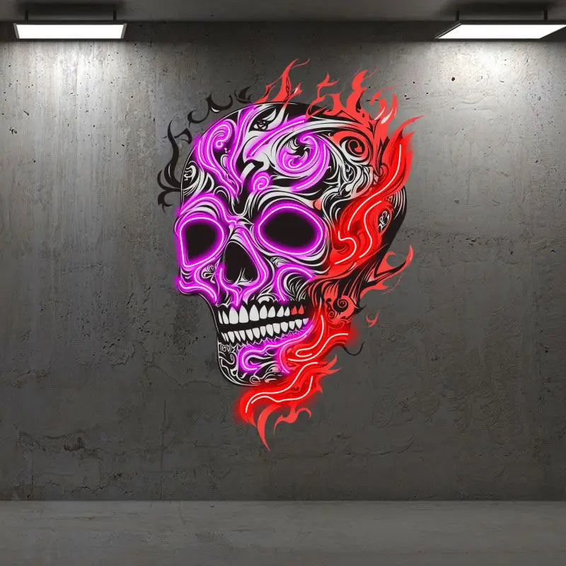 Skull With Weird Fire Neon Sign, Creative Wall Hanging Neon Light, Whimsical Halloween Decor