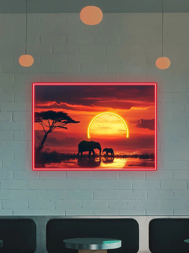 Toysign Elephant Sunset Neon Wall Art – Radiant Wall Decor with African Wildlife, Perfect for Living Room or Office Ambiance