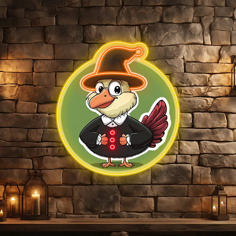 Neon Cartoon Turkey Hat Display Sign, Bright & cheerful turkey in hat, perfect for children's parties & Thanksgiving decorations