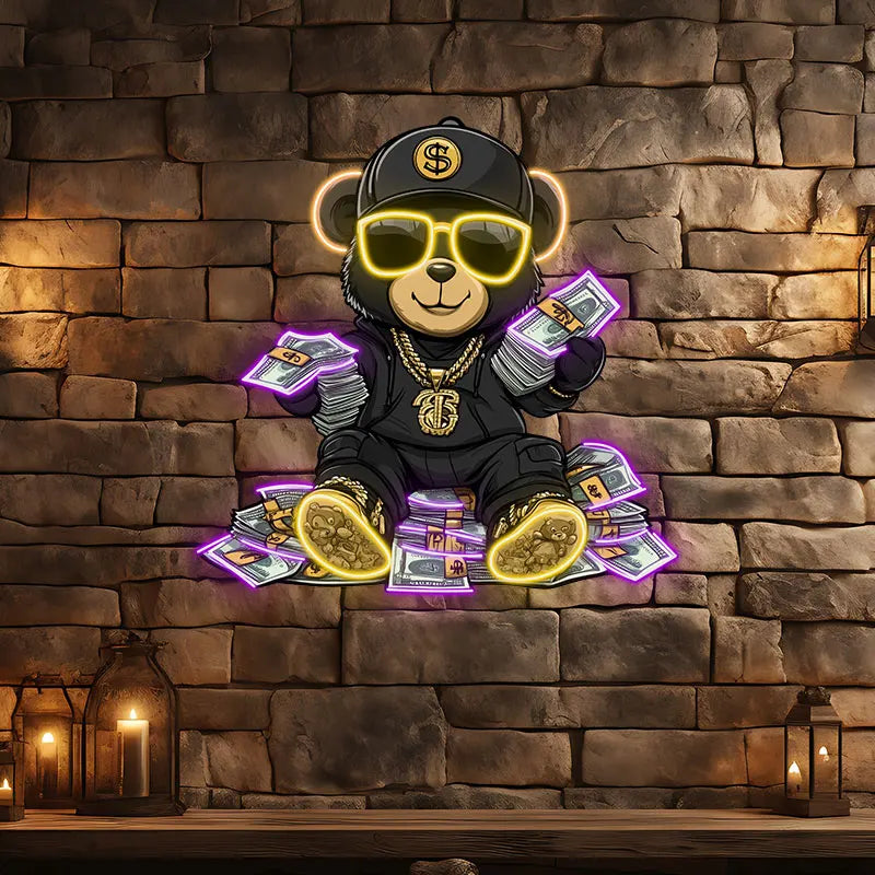 Rich Bear Sitting On The Pile Of Money Neon Sign, Creative Wall Hanging Neon Light, Whimsical Decor Light