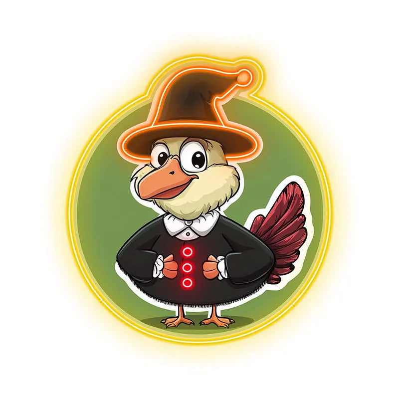 Neon Cartoon Turkey Hat Display Sign, Bright & cheerful turkey in hat, perfect for children's parties & Thanksgiving decorations