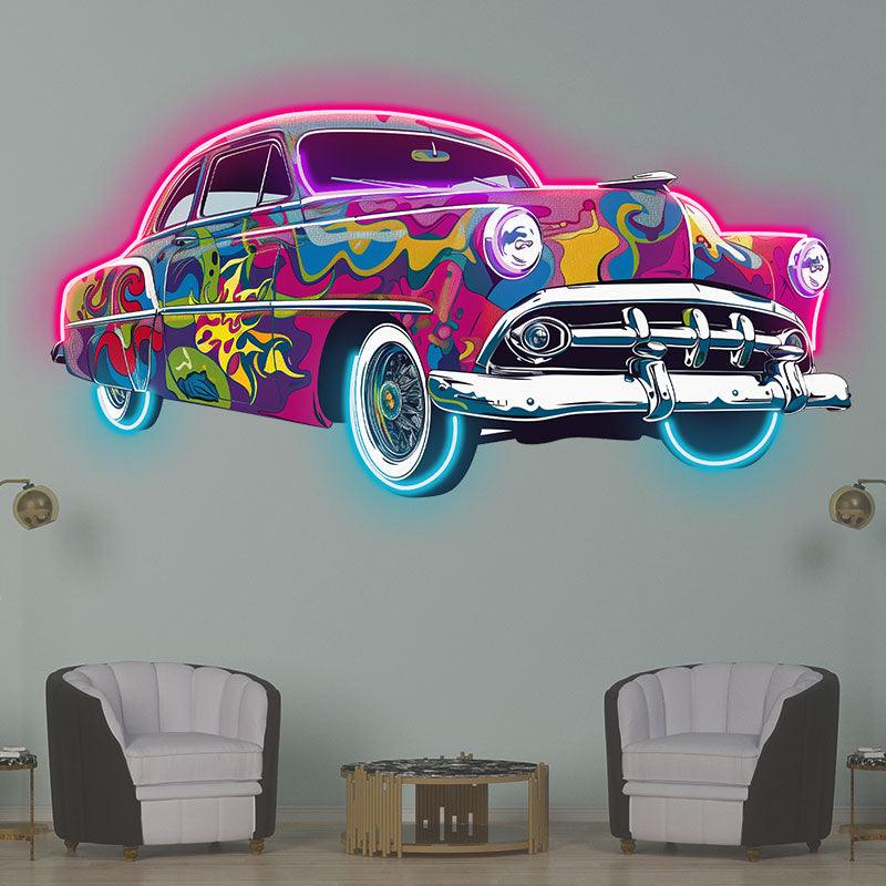 Classic Old Famous Cars Colorful Airbrush | Unique Art Deco | Vintage Slam Car Style | Perfect for Home, Office and Garage neon signs