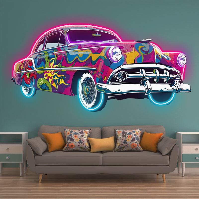 Classic Old Famous Cars Colorful Airbrush | Unique Art Deco | Vintage Slam Car Style | Perfect for Home, Office and Garage neon signs