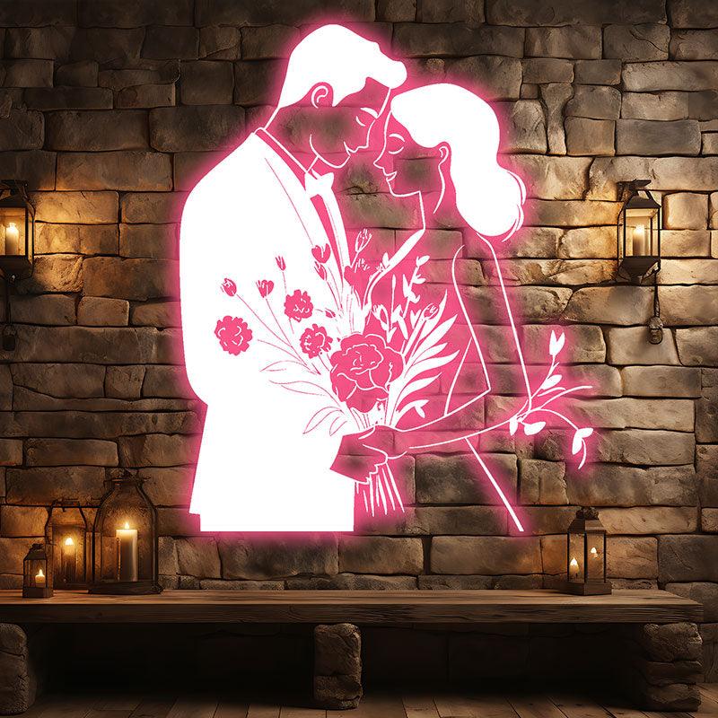 Pink Art LED Neon signs Lights | Bride and Groom Holding Flowers Happy Hugs Decoration Lights | Suitable for Wedding and Home Decoration