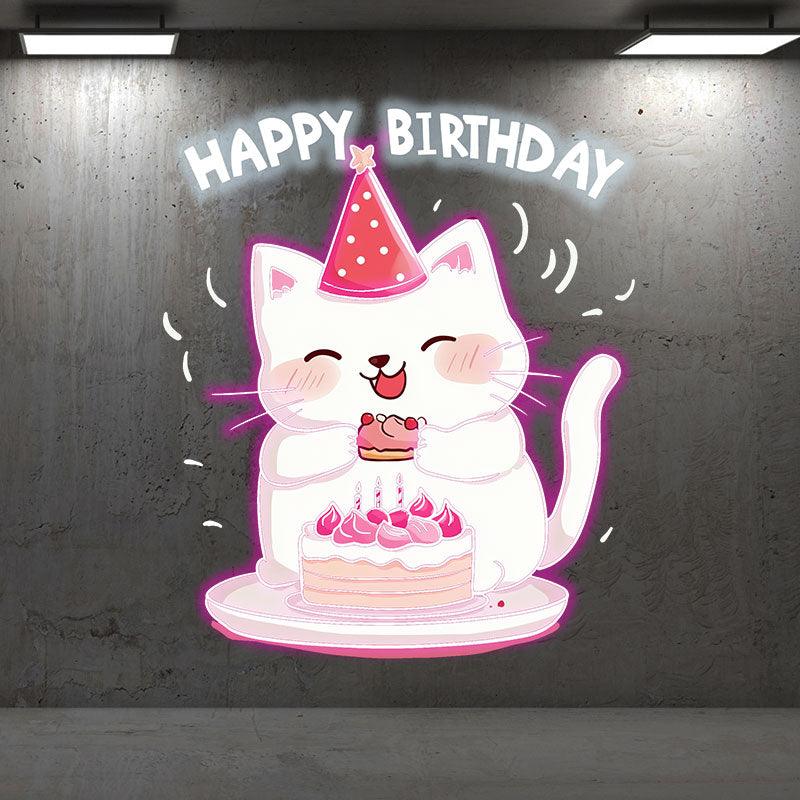 Happy Kitten With Hat Happy Birthday Neon signs | LED Decoration Lights | Cute Birthday Cake Wishing Lights | Creative Party Decoration