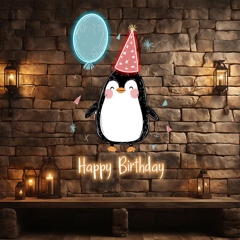 Little Penguin with Balloon Birthday Blessing Neon | LED Decoration Lights | Cute Birthday Party Decoration | Creative Gifts