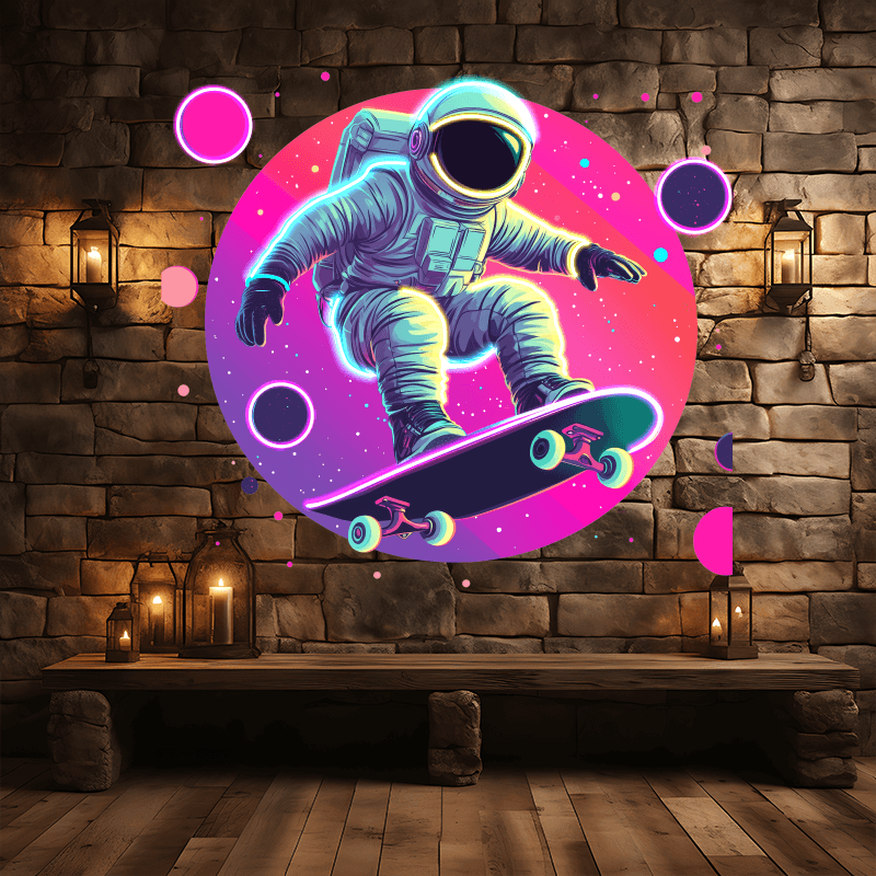 Spaceman Skateboard Jumping LED Neon signs Light - Round Space Background Decoration Light | Creative Home, Party, Gifts